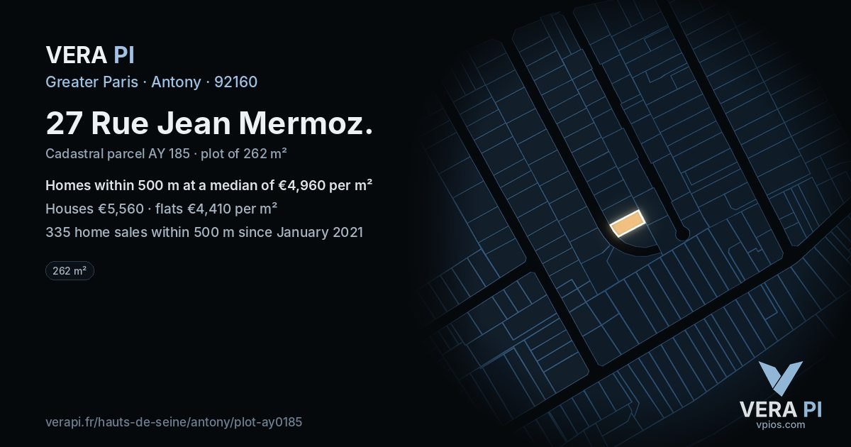 27 Rue Jean Mermoz, Antony at night – the plot lit, the parcels around coloured by the prices near them