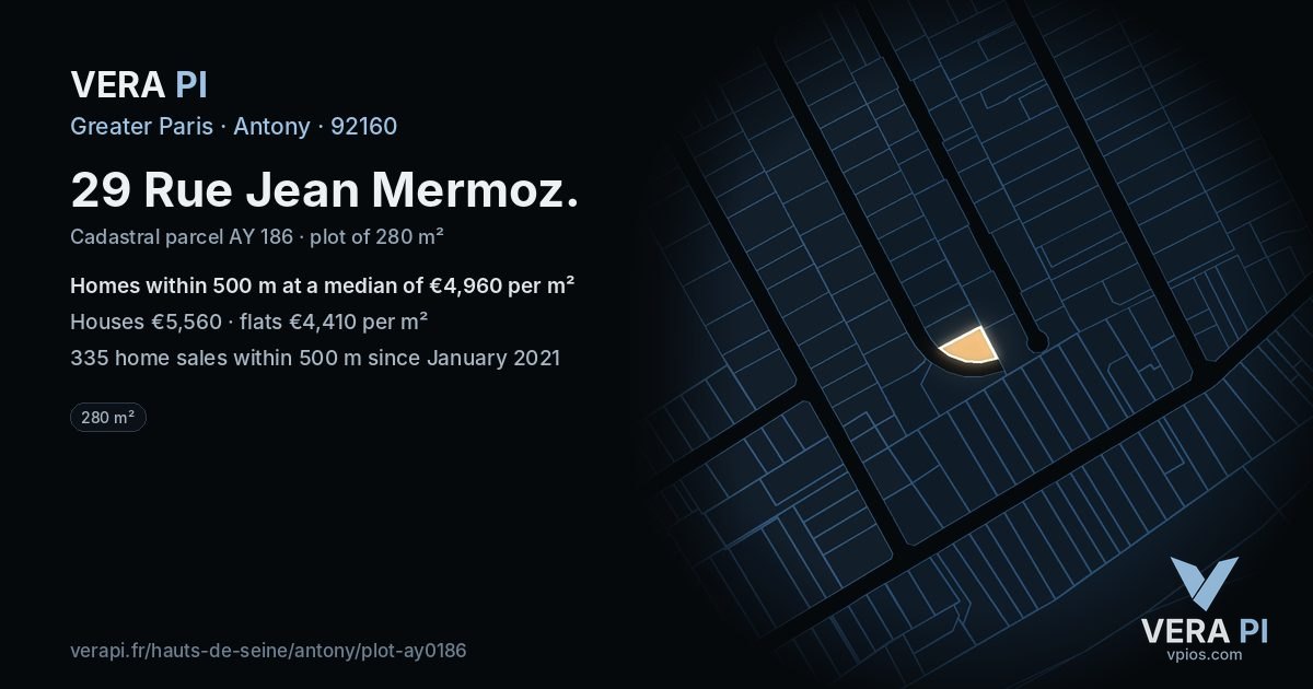 29 Rue Jean Mermoz, Antony at night – the plot lit, the parcels around coloured by the prices near them