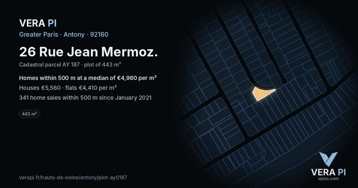 26 Rue Jean Mermoz, Antony at night – the plot lit, the parcels around coloured by the prices near them