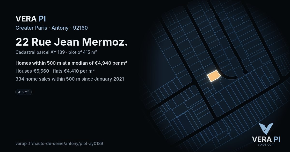 22 Rue Jean Mermoz, Antony at night – the plot lit, the parcels around coloured by the prices near them