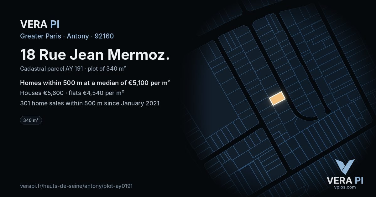 18 Rue Jean Mermoz, Antony at night – the plot lit, the parcels around coloured by the prices near them