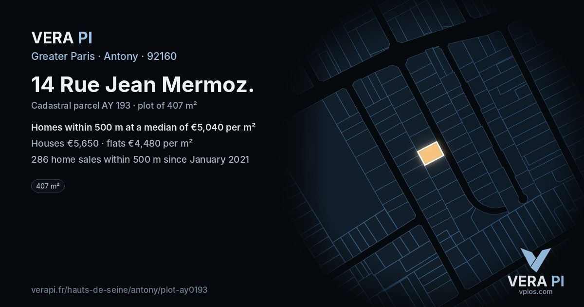 14 Rue Jean Mermoz, Antony at night – the plot lit, the parcels around coloured by the prices near them