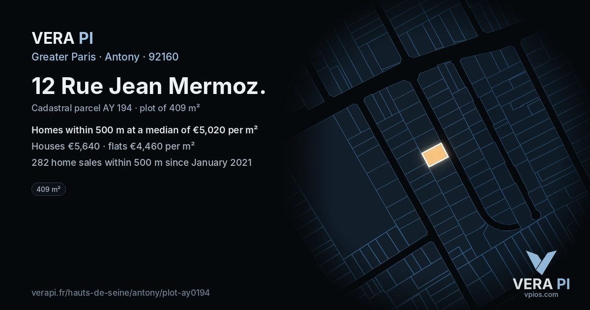 12 Rue Jean Mermoz, Antony at night – the plot lit, the parcels around coloured by the prices near them