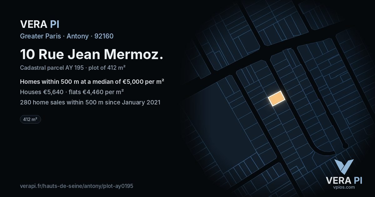 10 Rue Jean Mermoz, Antony at night – the plot lit, the parcels around coloured by the prices near them
