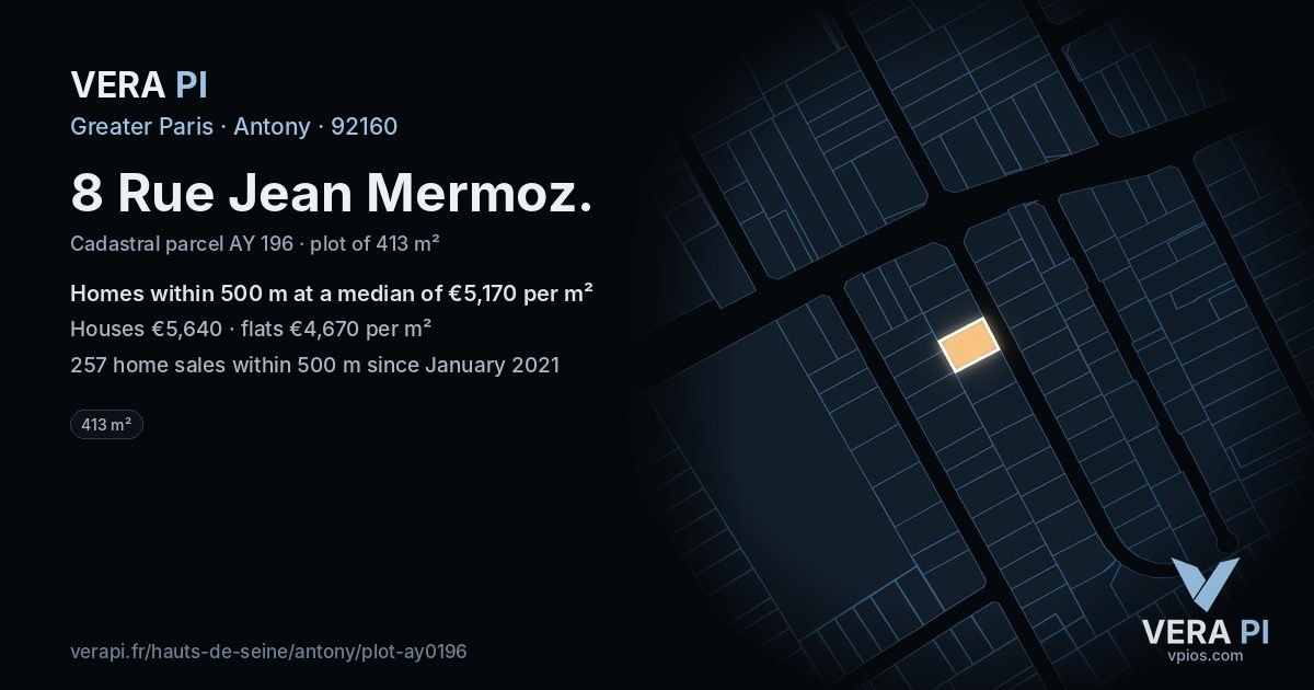 8 Rue Jean Mermoz, Antony at night – the plot lit, the parcels around coloured by the prices near them