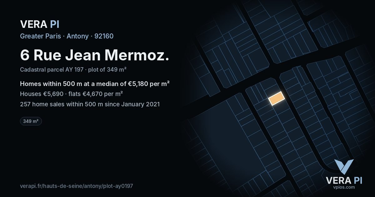 6 Rue Jean Mermoz, Antony at night – the plot lit, the parcels around coloured by the prices near them