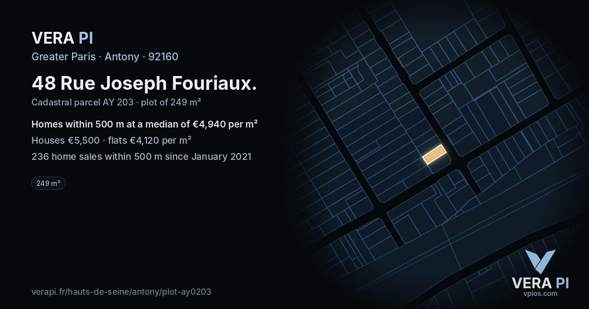 48 Rue Joseph Fouriaux, Antony at night – the plot lit, the parcels around coloured by the prices near them