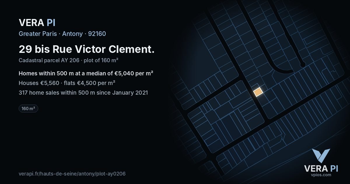 29 bis Rue Victor Clement, Antony at night – the plot lit, the parcels around coloured by the prices near them