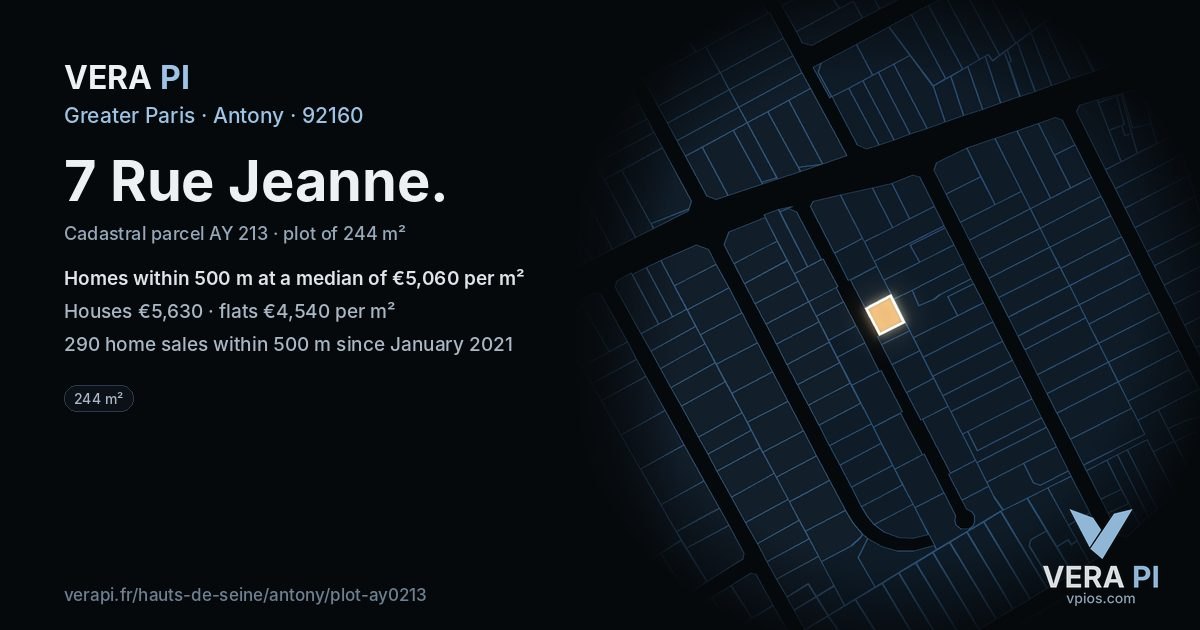 7 Rue Jeanne, Antony at night – the plot lit, the parcels around coloured by the prices near them