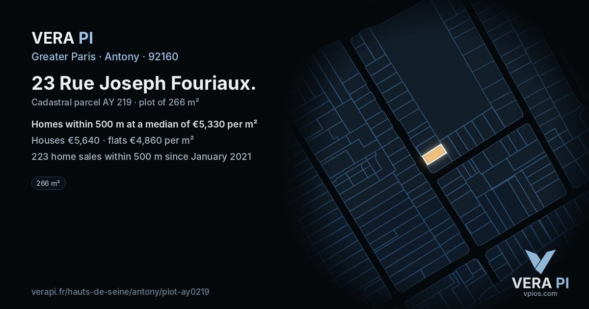 23 Rue Joseph Fouriaux, Antony at night – the plot lit, the parcels around coloured by the prices near them