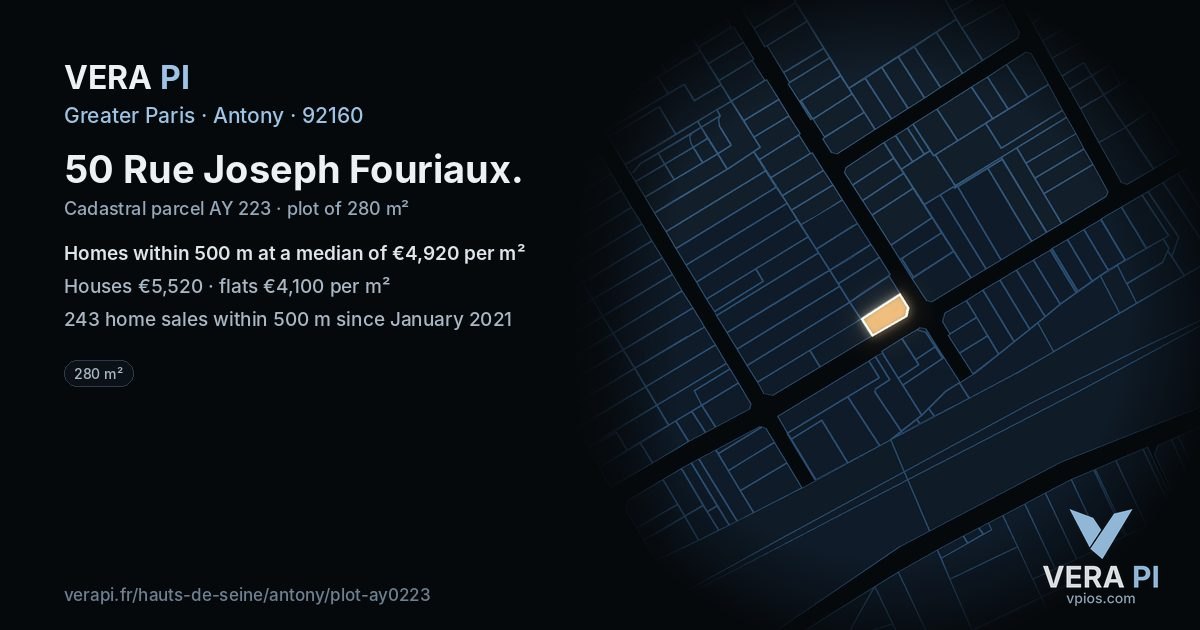 50 Rue Joseph Fouriaux, Antony at night – the plot lit, the parcels around coloured by the prices near them