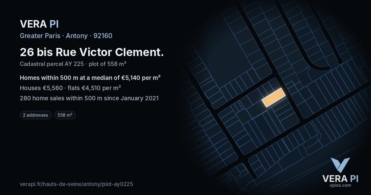 26 bis Rue Victor Clement, Antony at night – the plot lit, the parcels around coloured by the prices near them
