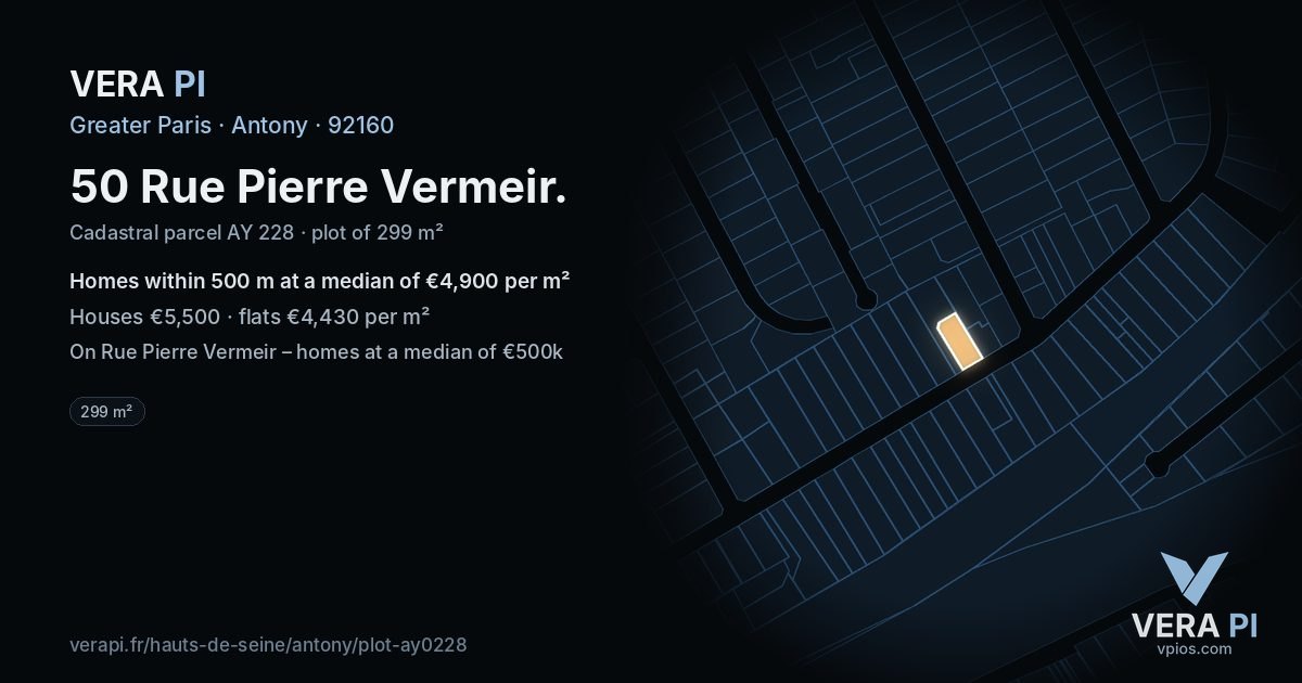 50 Rue Pierre Vermeir, Antony at night – the plot lit, the parcels around coloured by the prices near them