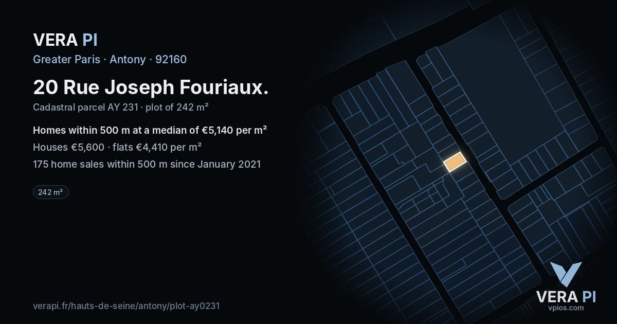 20 Rue Joseph Fouriaux, Antony at night – the plot lit, the parcels around coloured by the prices near them