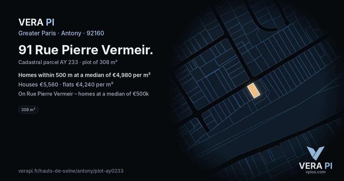91 Rue Pierre Vermeir, Antony at night – the plot lit, the parcels around coloured by the prices near them