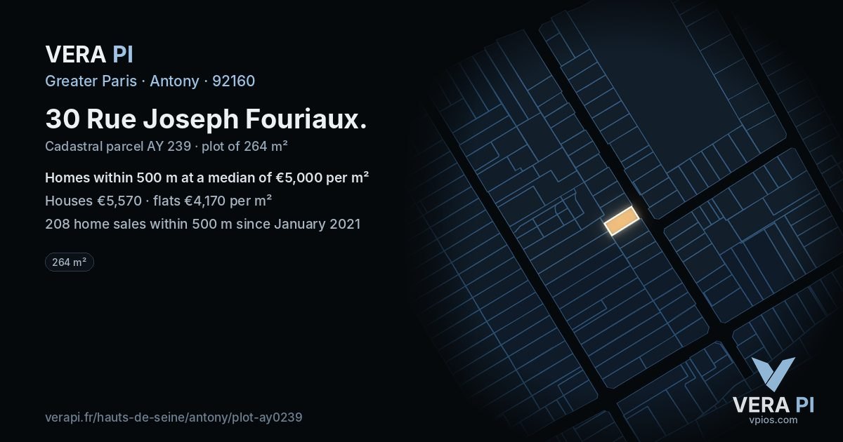 30 Rue Joseph Fouriaux, Antony at night – the plot lit, the parcels around coloured by the prices near them