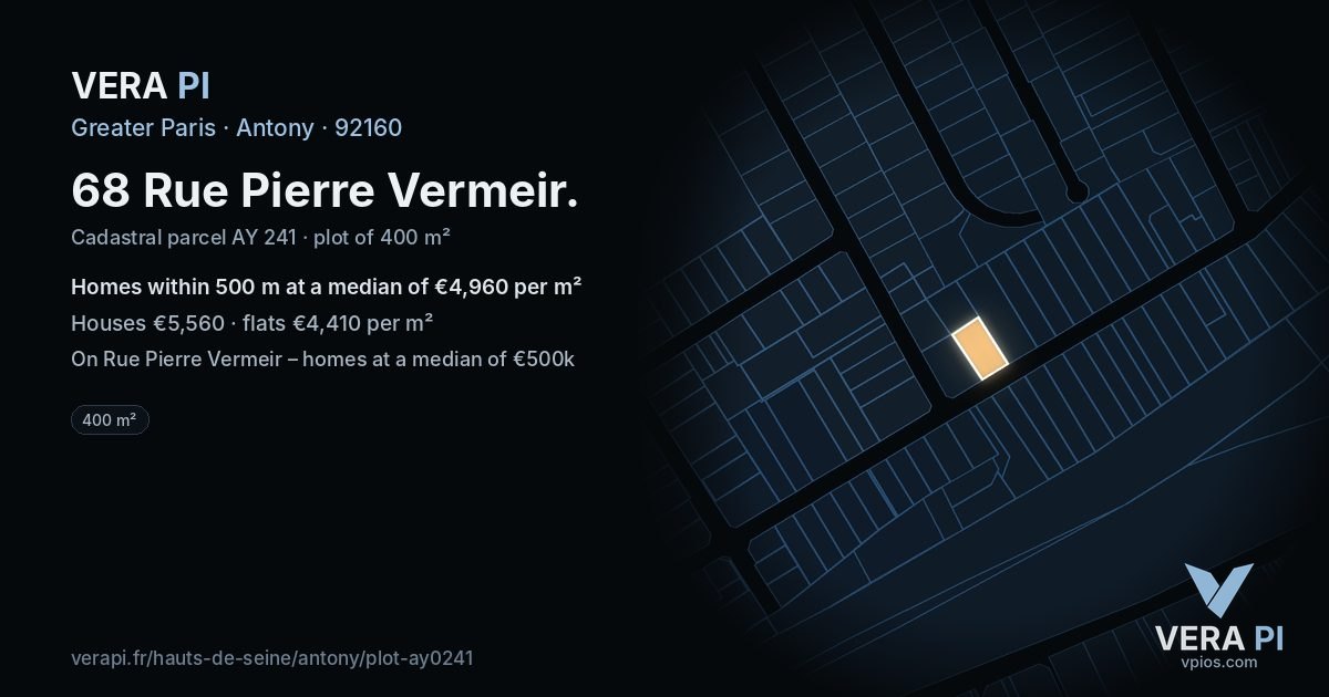 68 Rue Pierre Vermeir, Antony at night – the plot lit, the parcels around coloured by the prices near them