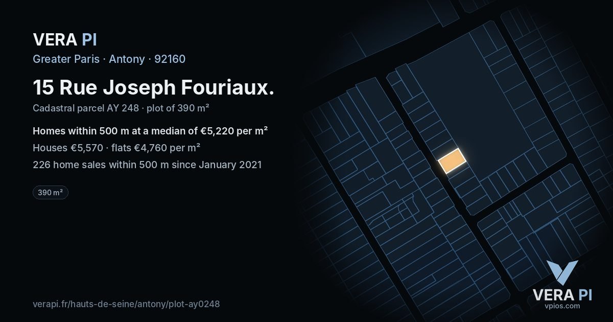 15 Rue Joseph Fouriaux, Antony at night – the plot lit, the parcels around coloured by the prices near them