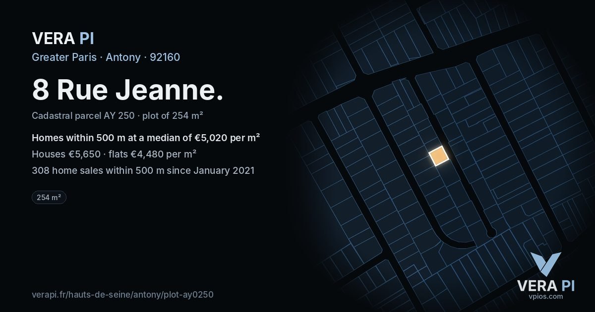 8 Rue Jeanne, Antony at night – the plot lit, the parcels around coloured by the prices near them