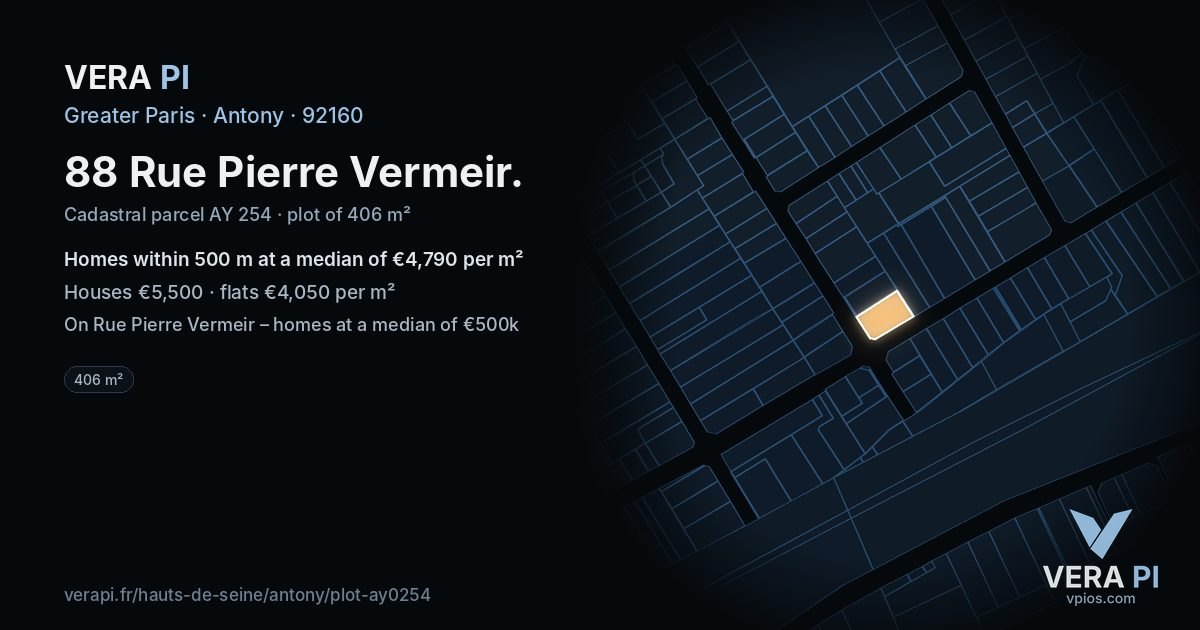 88 Rue Pierre Vermeir, Antony at night – the plot lit, the parcels around coloured by the prices near them