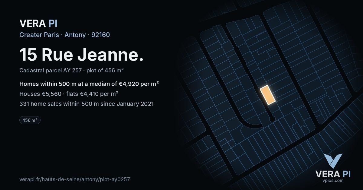 15 Rue Jeanne, Antony at night – the plot lit, the parcels around coloured by the prices near them
