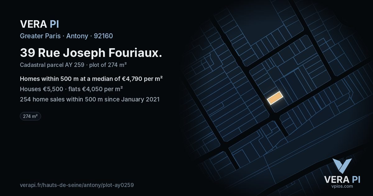 39 Rue Joseph Fouriaux, Antony at night – the plot lit, the parcels around coloured by the prices near them