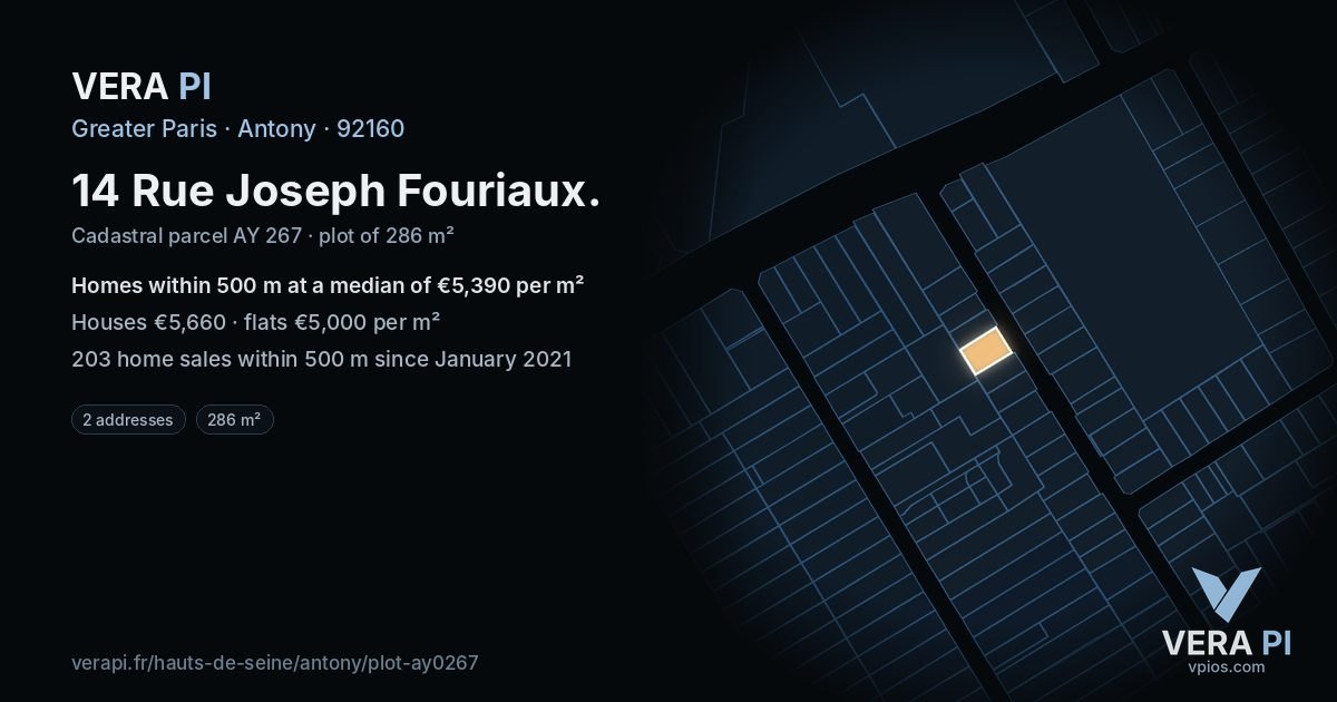 14 Rue Joseph Fouriaux, Antony at night – the plot lit, the parcels around coloured by the prices near them