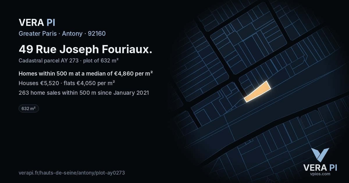 49 Rue Joseph Fouriaux, Antony at night – the plot lit, the parcels around coloured by the prices near them