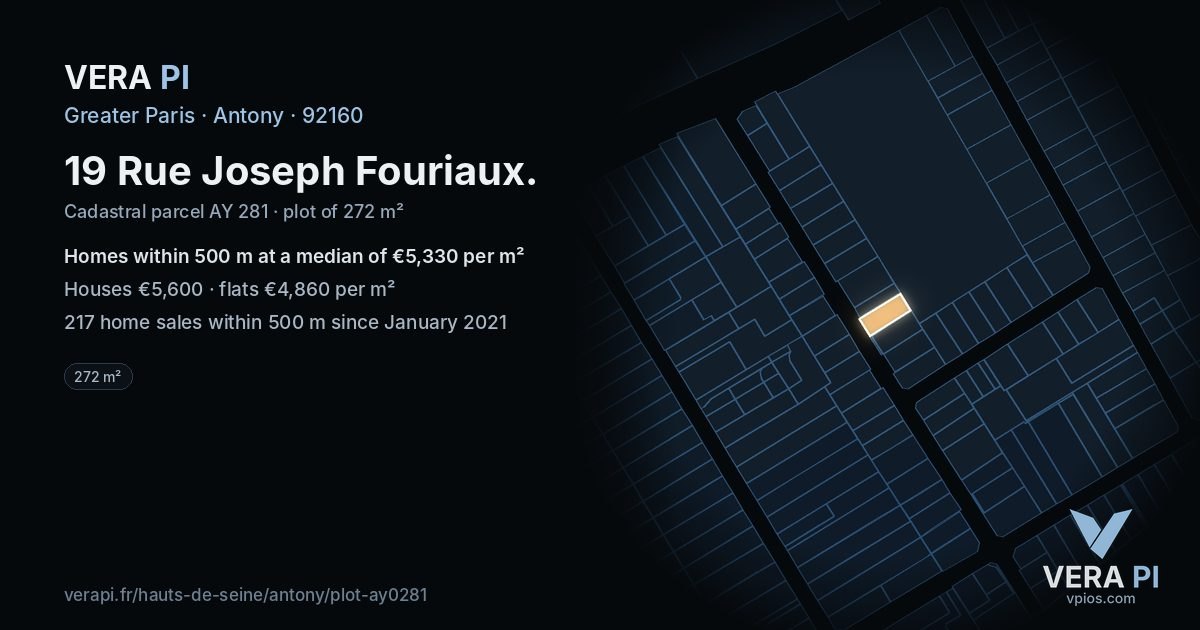 19 Rue Joseph Fouriaux, Antony at night – the plot lit, the parcels around coloured by the prices near them