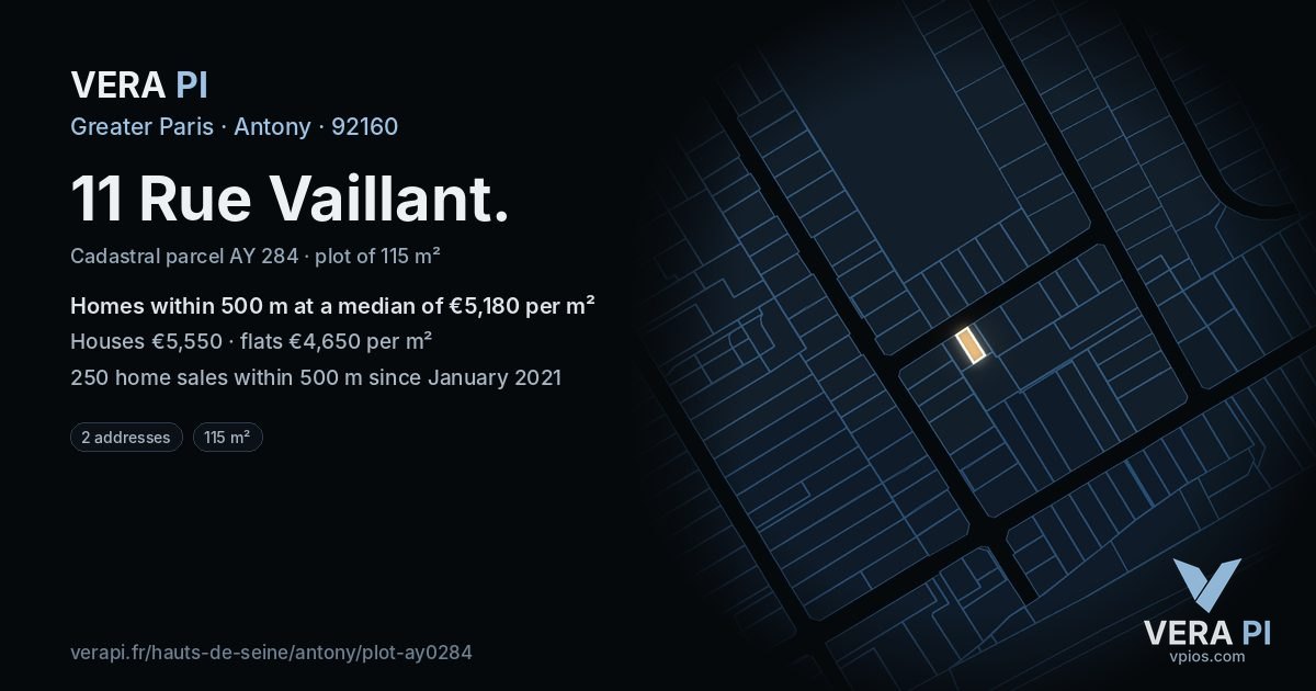 11 Rue Vaillant, Antony at night – the plot lit, the parcels around coloured by the prices near them