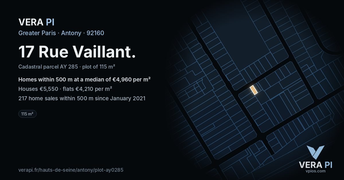 17 Rue Vaillant, Antony at night – the plot lit, the parcels around coloured by the prices near them