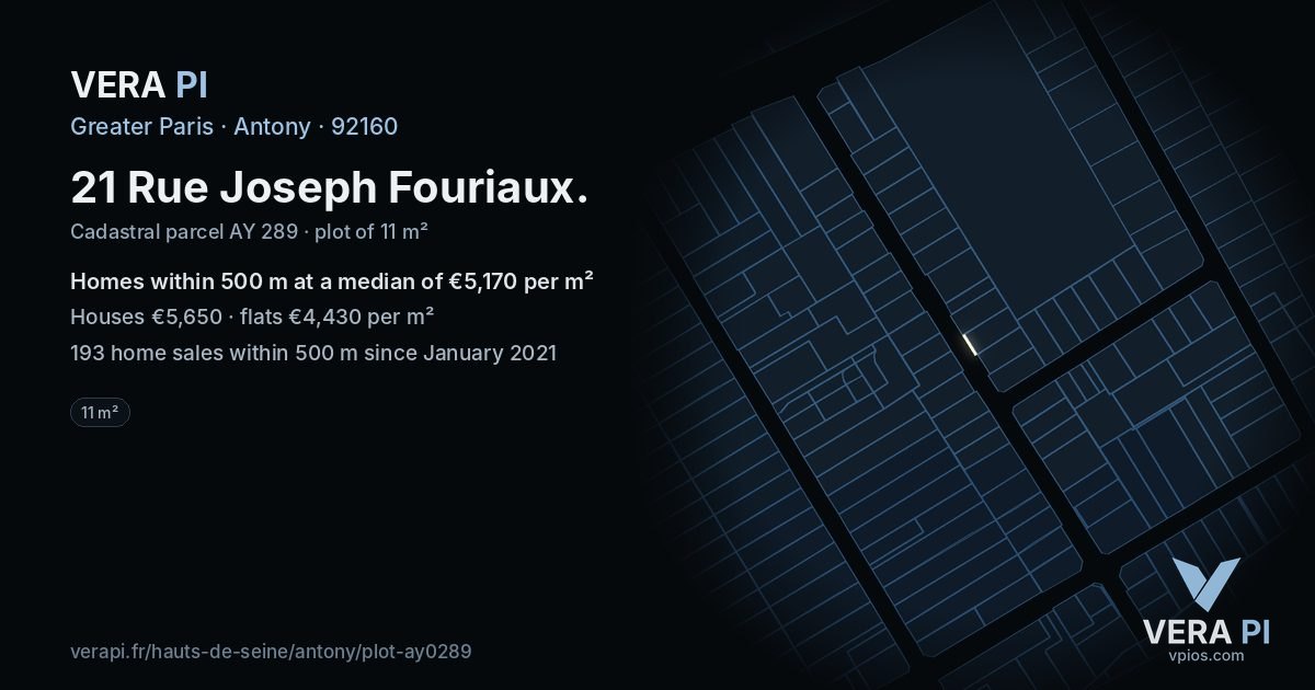 21 Rue Joseph Fouriaux, Antony at night – the plot lit, the parcels around coloured by the prices near them