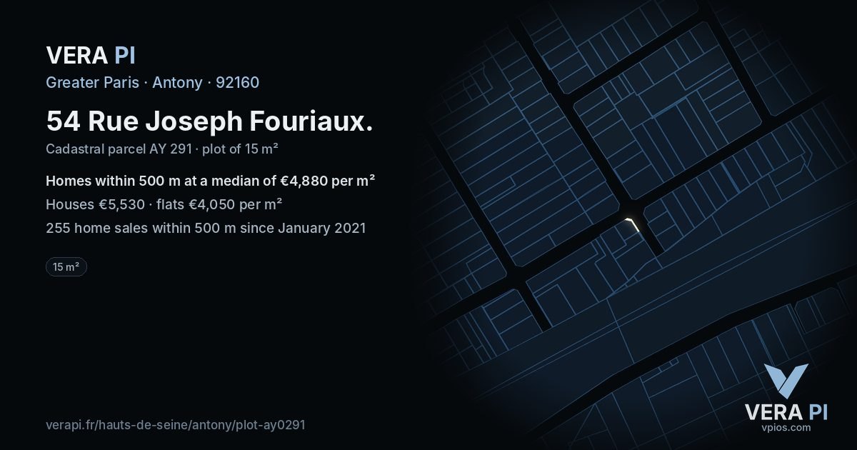 54 Rue Joseph Fouriaux, Antony at night – the plot lit, the parcels around coloured by the prices near them