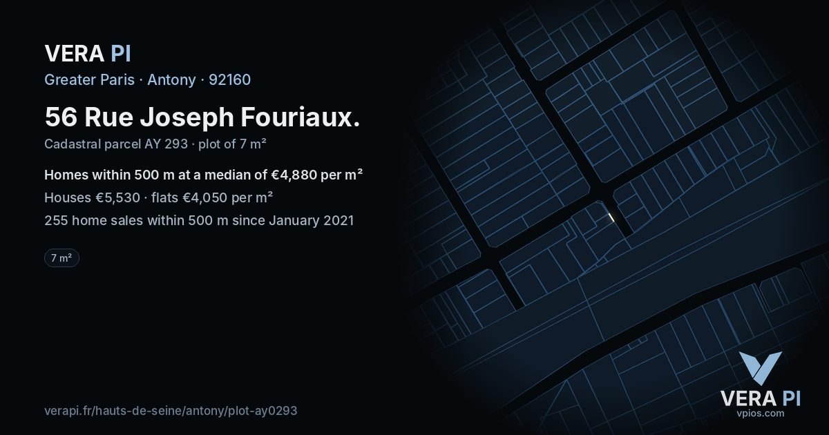 56 Rue Joseph Fouriaux, Antony at night – the plot lit, the parcels around coloured by the prices near them