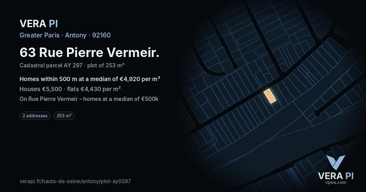 63 Rue Pierre Vermeir, Antony at night – the plot lit, the parcels around coloured by the prices near them