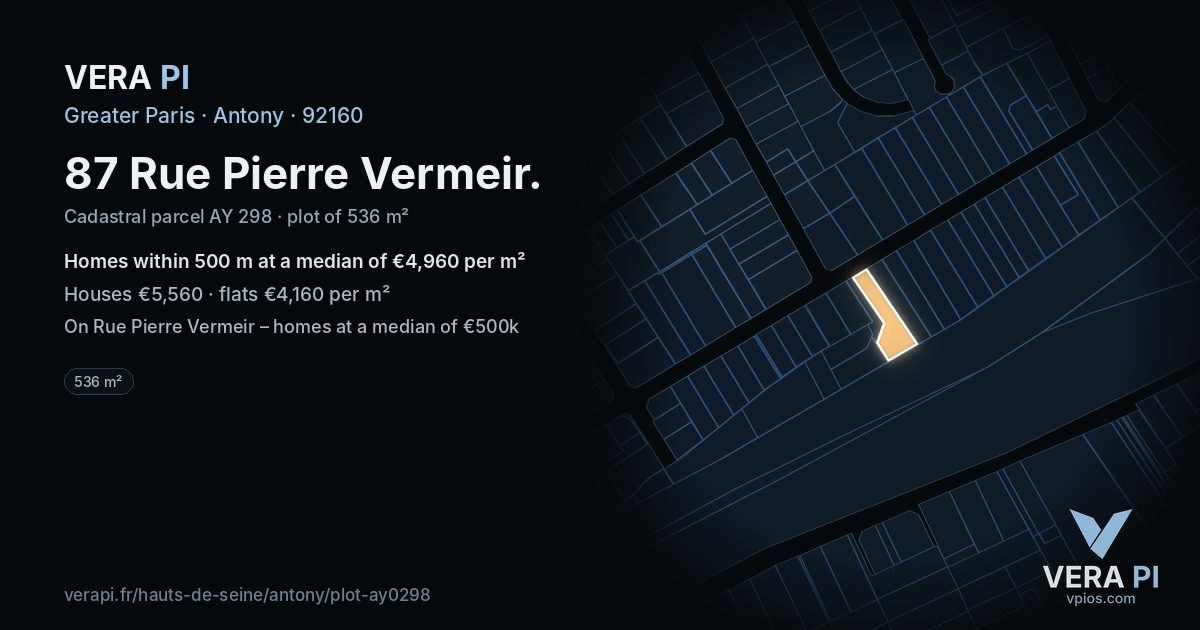 87 Rue Pierre Vermeir, Antony at night – the plot lit, the parcels around coloured by the prices near them