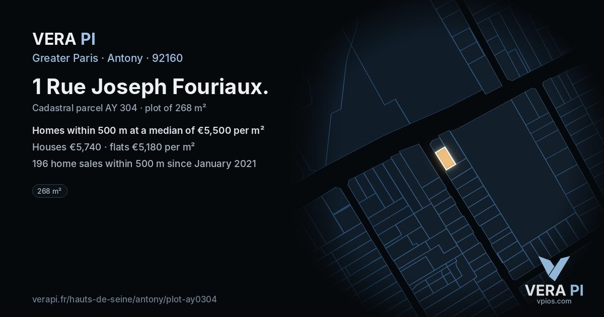 1 Rue Joseph Fouriaux, Antony at night – the plot lit, the parcels around coloured by the prices near them