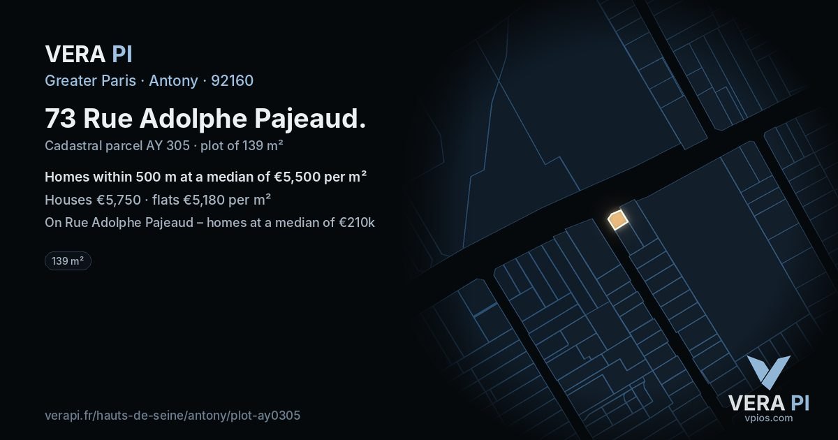 73 Rue Adolphe Pajeaud, Antony at night – the plot lit, the parcels around coloured by the prices near them