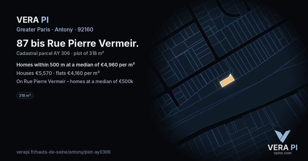 87 bis Rue Pierre Vermeir, Antony at night – the plot lit, the parcels around coloured by the prices near them