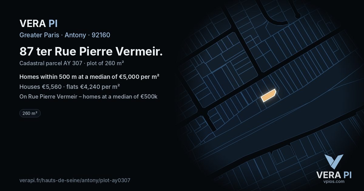87 ter Rue Pierre Vermeir, Antony at night – the plot lit, the parcels around coloured by the prices near them
