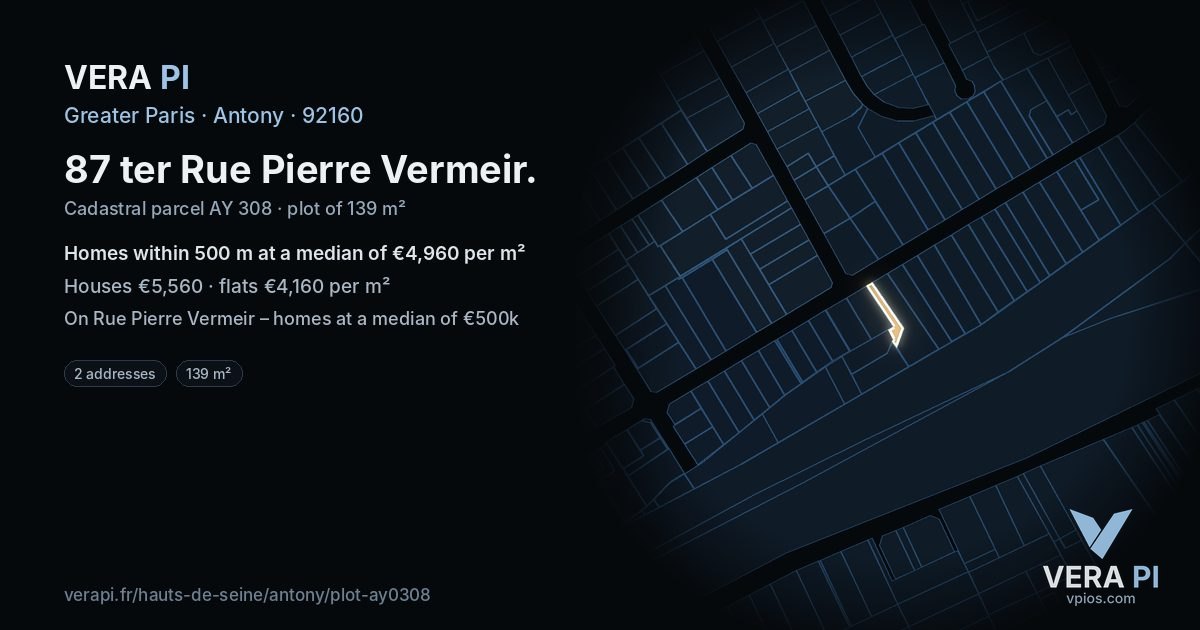 87 ter Rue Pierre Vermeir, Antony at night – the plot lit, the parcels around coloured by the prices near them