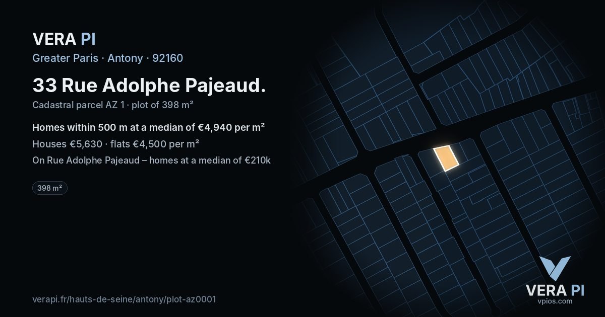 33 Rue Adolphe Pajeaud, Antony at night – the plot lit, the parcels around coloured by the prices near them