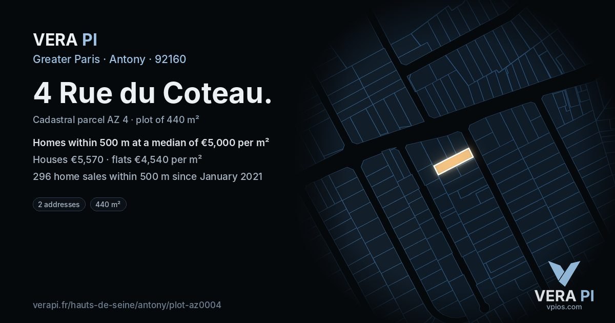 4 Rue du Coteau, Antony at night – the plot lit, the parcels around coloured by the prices near them