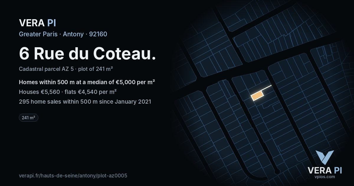 6 Rue du Coteau, Antony at night – the plot lit, the parcels around coloured by the prices near them