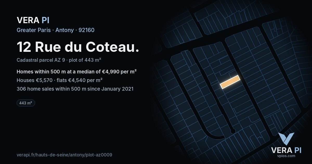 12 Rue du Coteau, Antony at night – the plot lit, the parcels around coloured by the prices near them