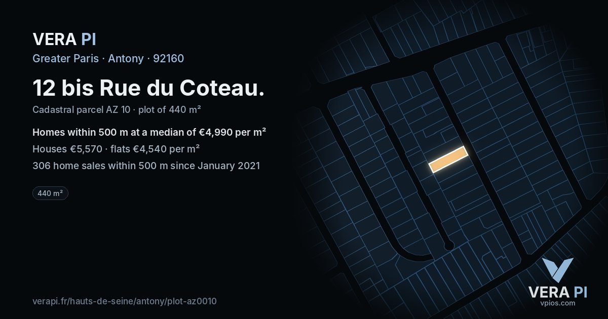 12 bis Rue du Coteau, Antony at night – the plot lit, the parcels around coloured by the prices near them