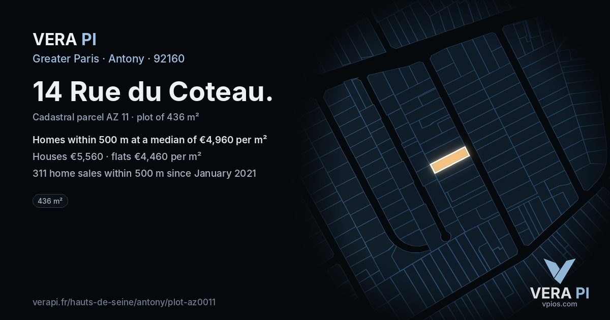 14 Rue du Coteau, Antony at night – the plot lit, the parcels around coloured by the prices near them