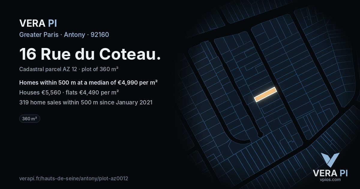 16 Rue du Coteau, Antony at night – the plot lit, the parcels around coloured by the prices near them