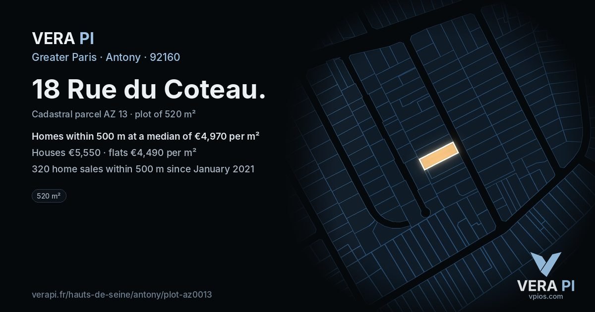 18 Rue du Coteau, Antony at night – the plot lit, the parcels around coloured by the prices near them