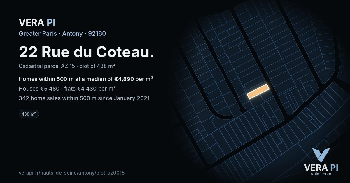 22 Rue du Coteau, Antony at night – the plot lit, the parcels around coloured by the prices near them
